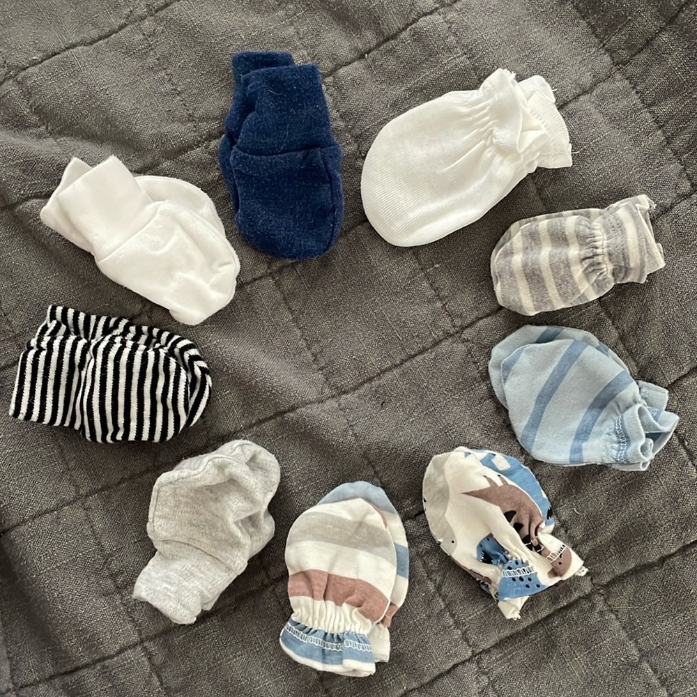 Baby mittens 8 pairs - blue, gray, white. Mixed solids and prints!